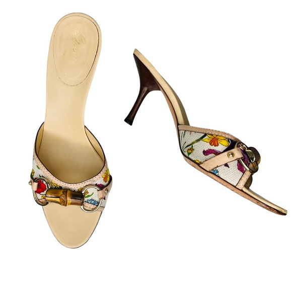Gucci Shoes - GUCCI Floral Canvas and Leather Bamboo Horsebit Slide Sandal 38C